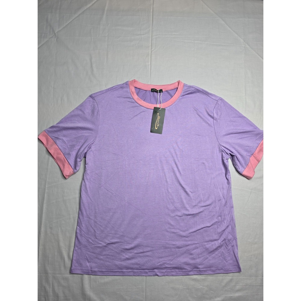 Ofeefan T-Shirt Women Medium Purple Stretch Short Sleeve Crew Neck Contrast Trim